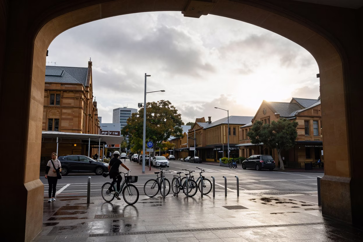 Street Corner in Adelaide at As First Light Reaches The Scene in in Adelaide, South Australia, Australia