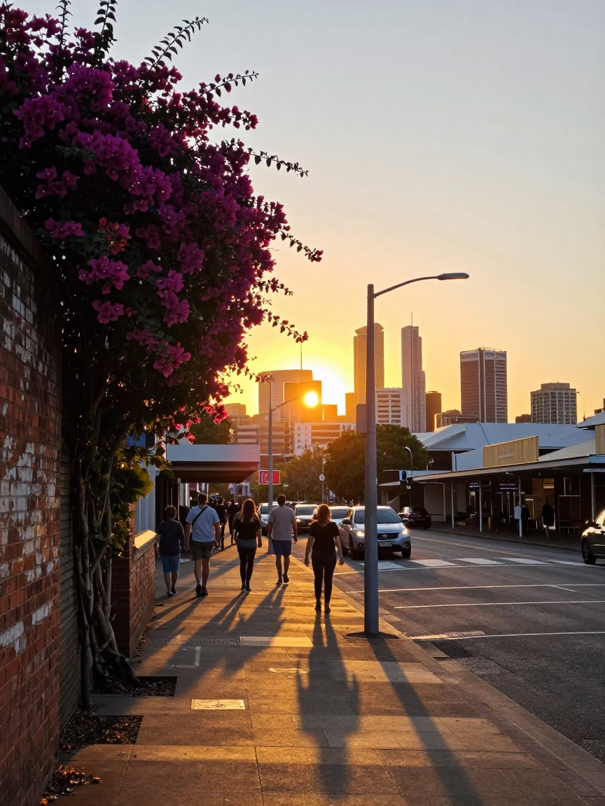 Street Corner in Adelaide at As The Sun Drops Toward The Horizon in in Adelaide, South Australia, Australia