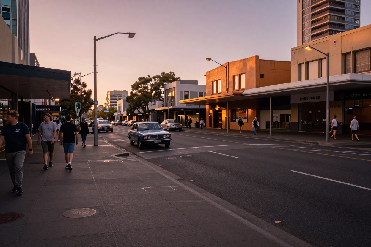 Street Corner in Adelaide at Copper-toned Light Before Dusk in in Adelaide, South Australia, Australia