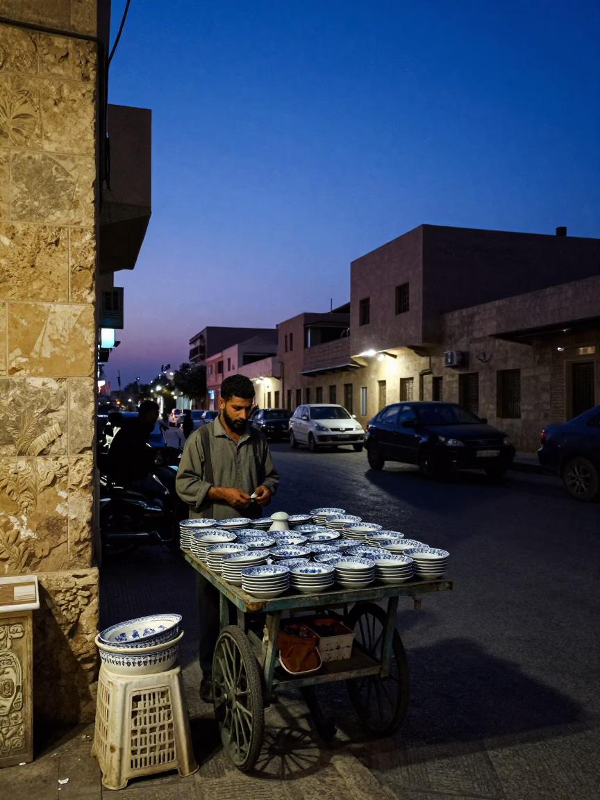 Street Corner in Alexandria at Indigo Twilight After Sunset in in Alexandria, Egypt