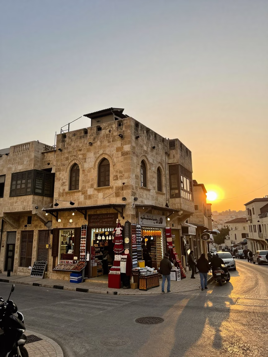 Street Corner in Amman at As The Sun Drops Toward The Horizon in in Amman, Jordan