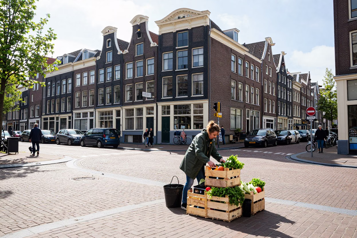 Street Corner in Amsterdam at Bright Midmorning Light in in Amsterdam, Netherlands