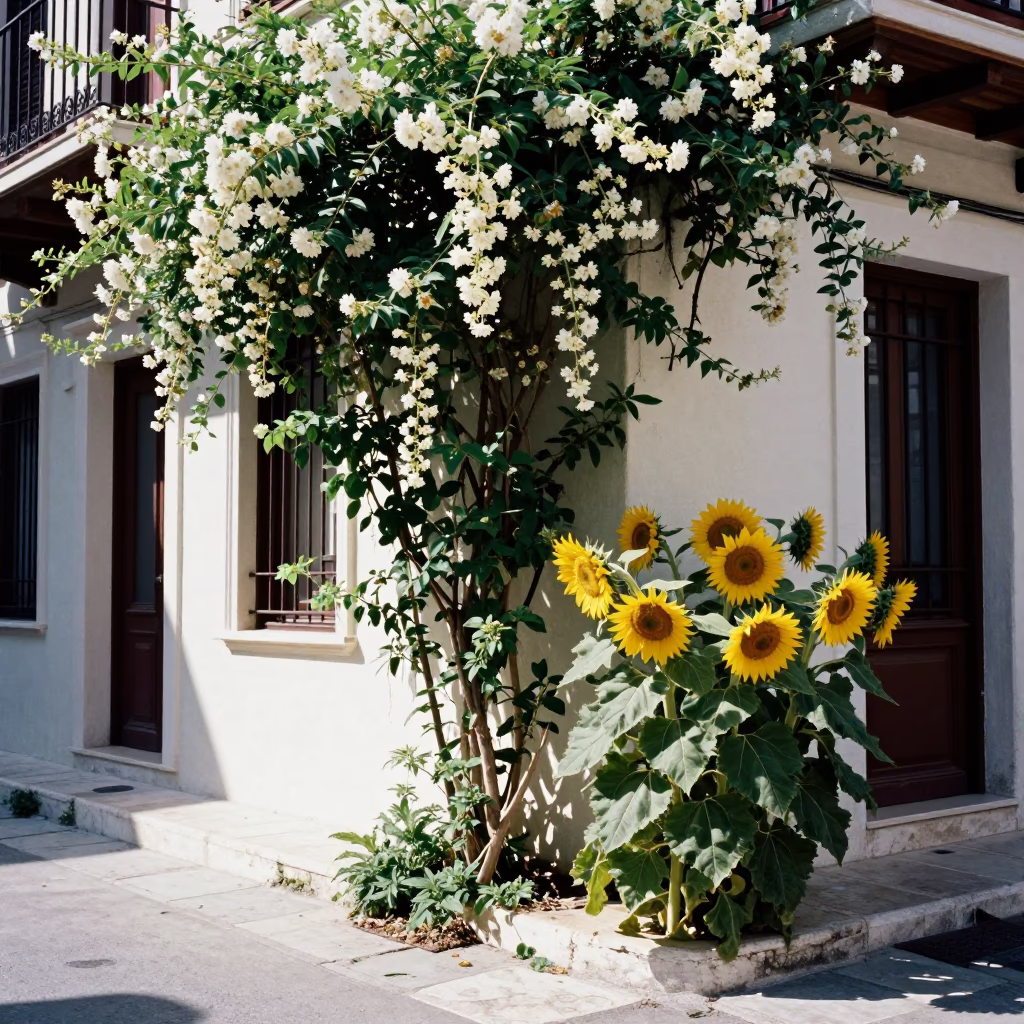 Street Corner in Athens at Bright Midmorning Light in in Athens, Greece