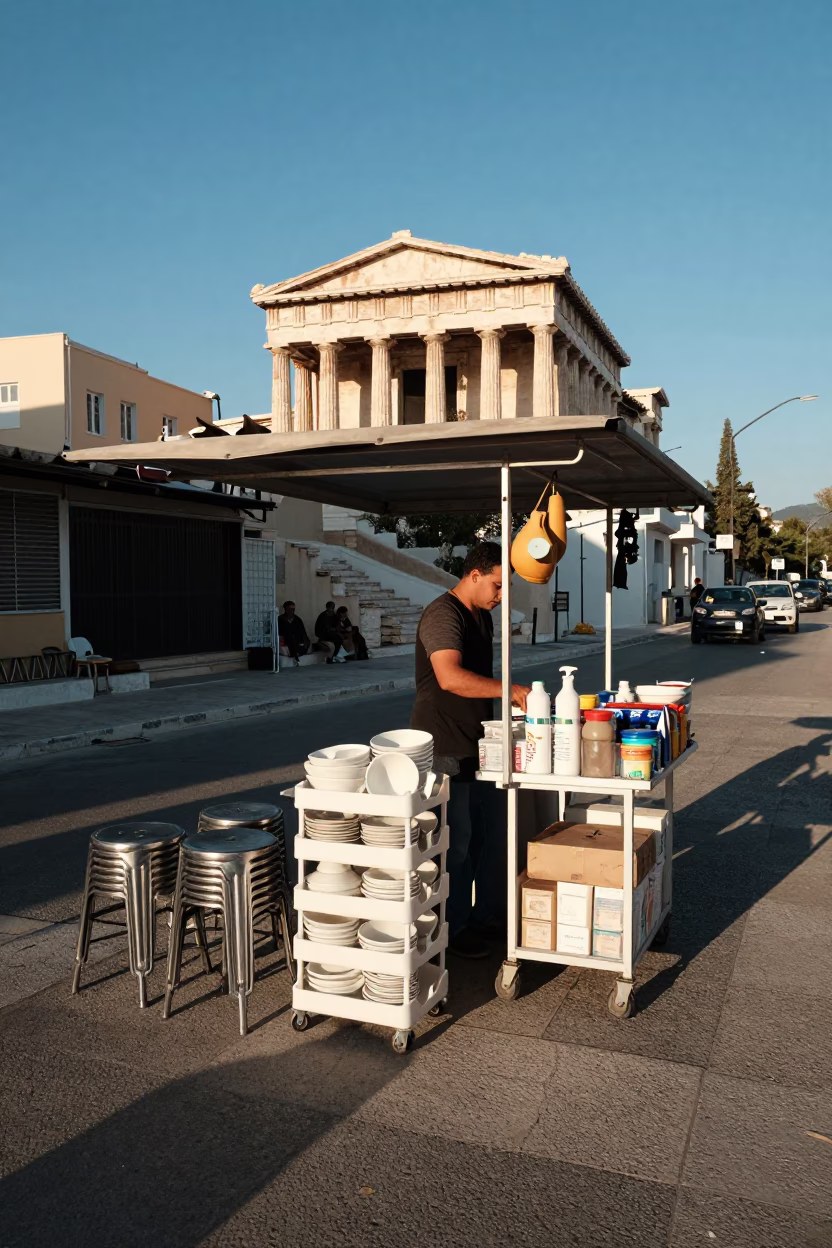 Street Corner in Athens at Clear Late-afternoon Light in in Athens, Greece