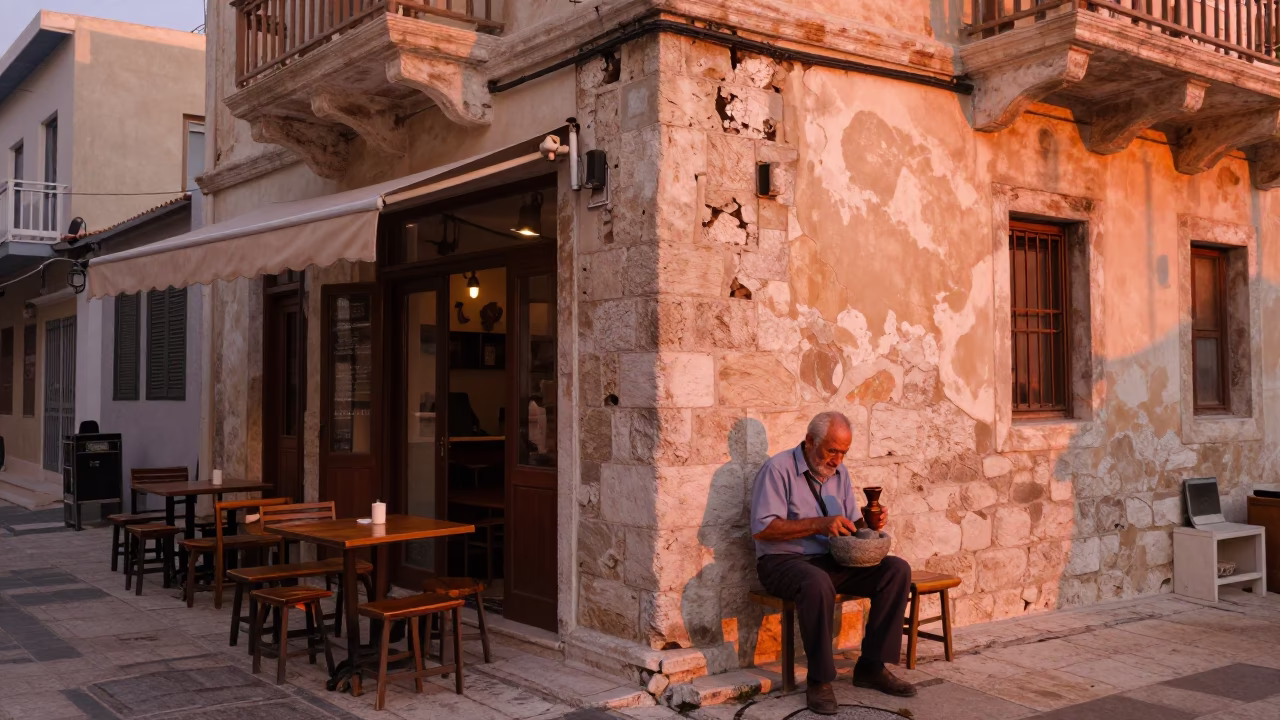 Street Corner in Athens at Copper-toned Light Before Dusk in in Athens, Greece