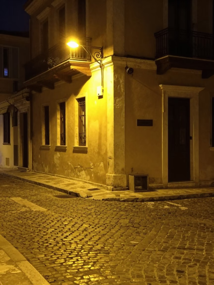Street Corner in Athens at Late At Night Light in in Athens, Greece