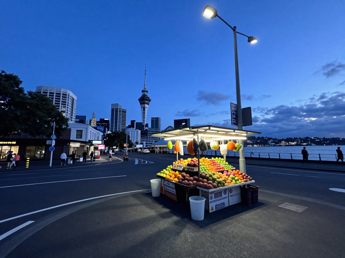 Street Corner in Auckland at Indigo Twilight After Sunset in in Auckland, New Zealand