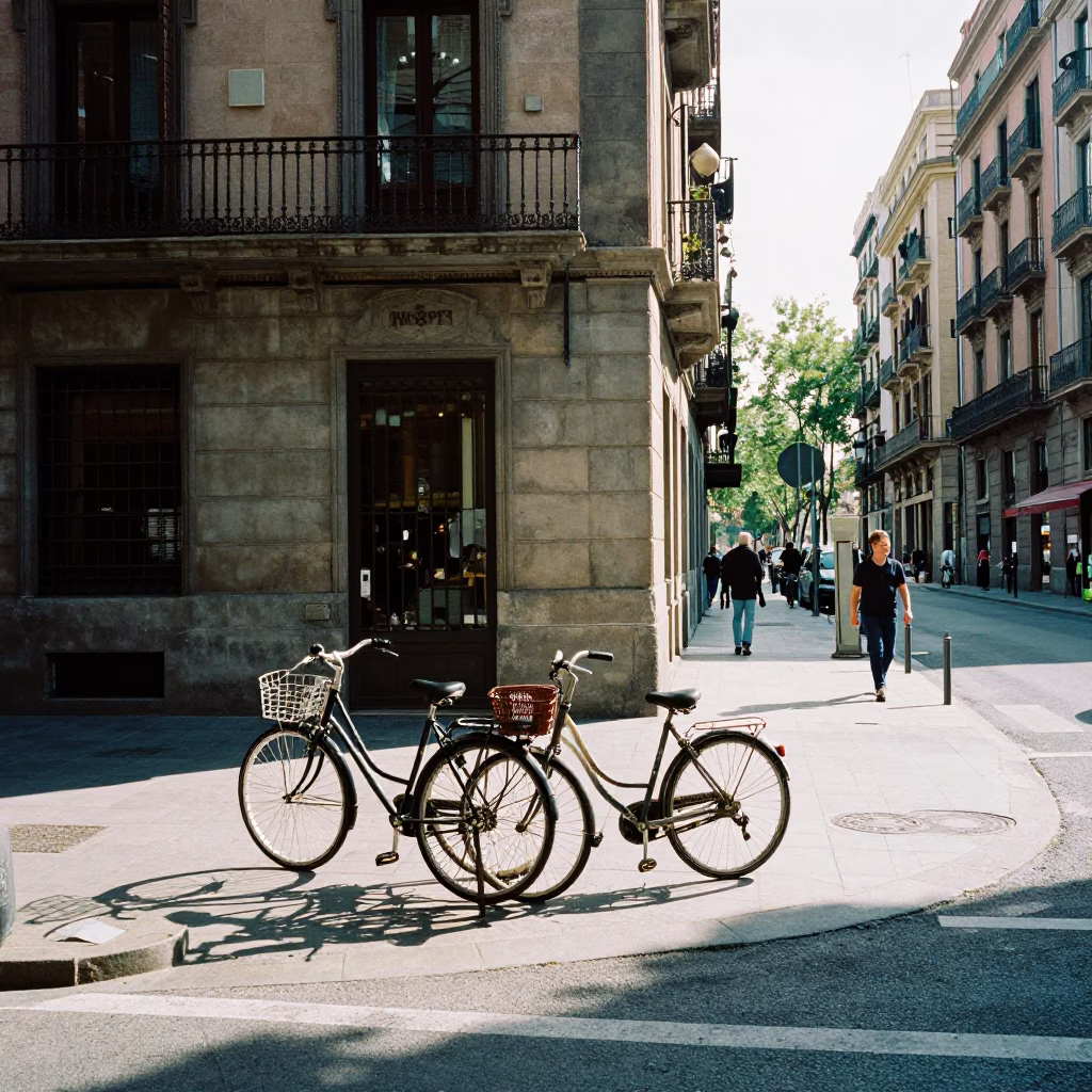 Street Corner in Barcelona at Bright Midmorning Light in in Barcelona, Spain