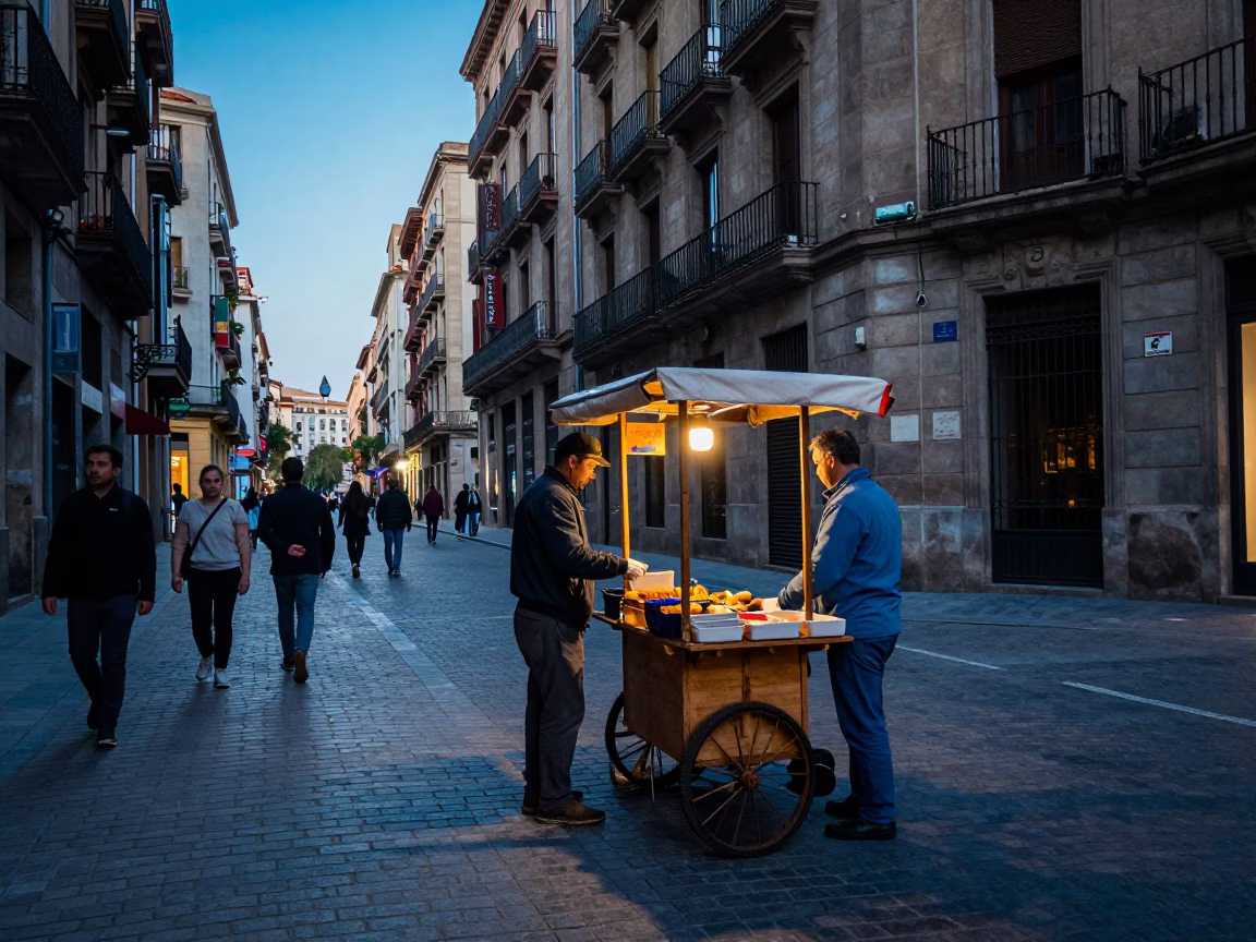 Street Corner in Barcelona at Nautical Dawn Light in in Barcelona, Spain