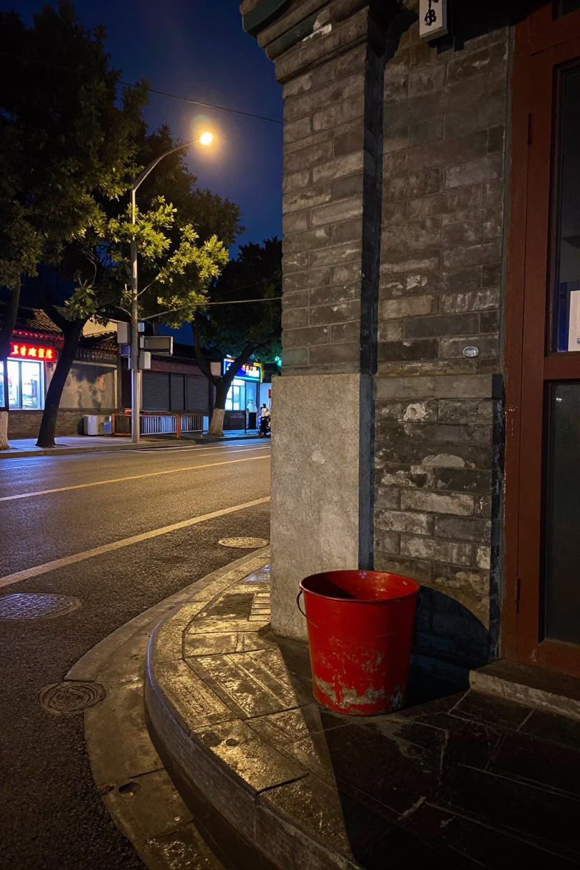 Street Corner in Beijing at Late At Night Light in in Beijing, China