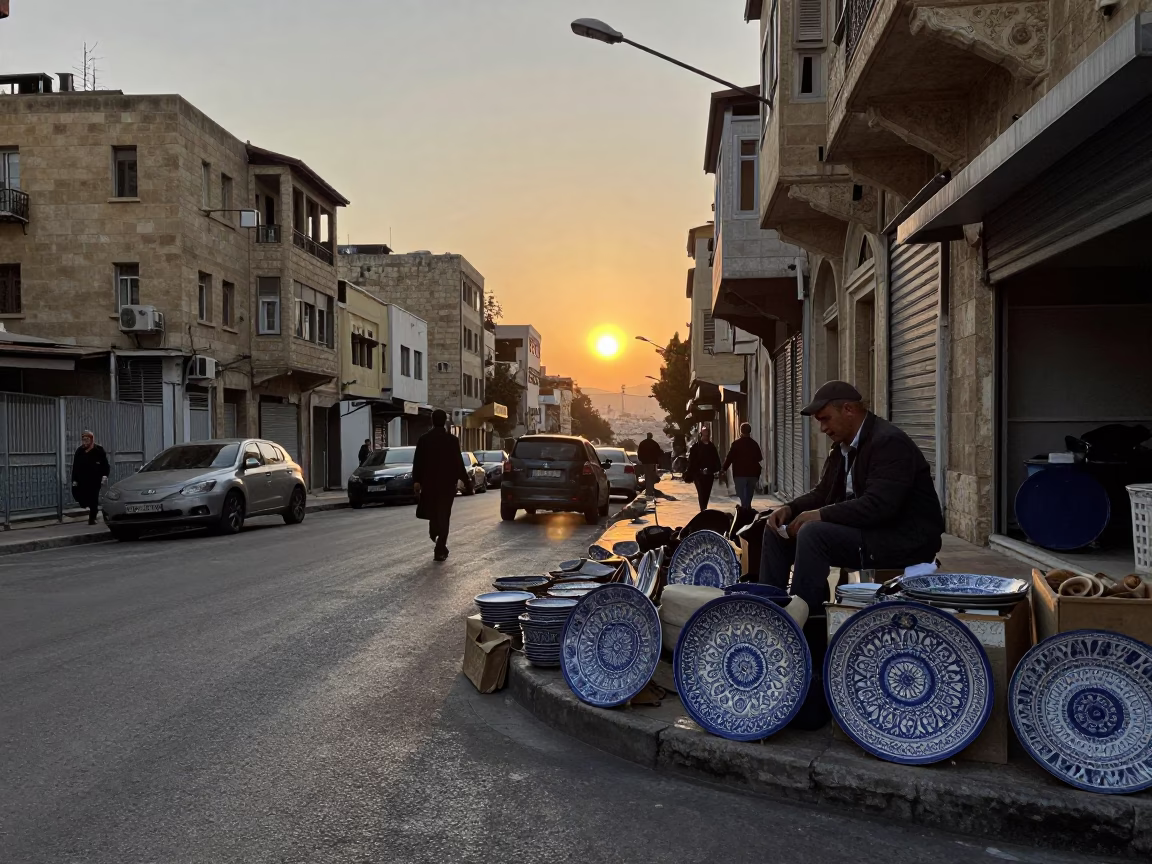 Street Corner in Beirut at As The Sun Drops Toward The Horizon in in Beirut, Lebanon