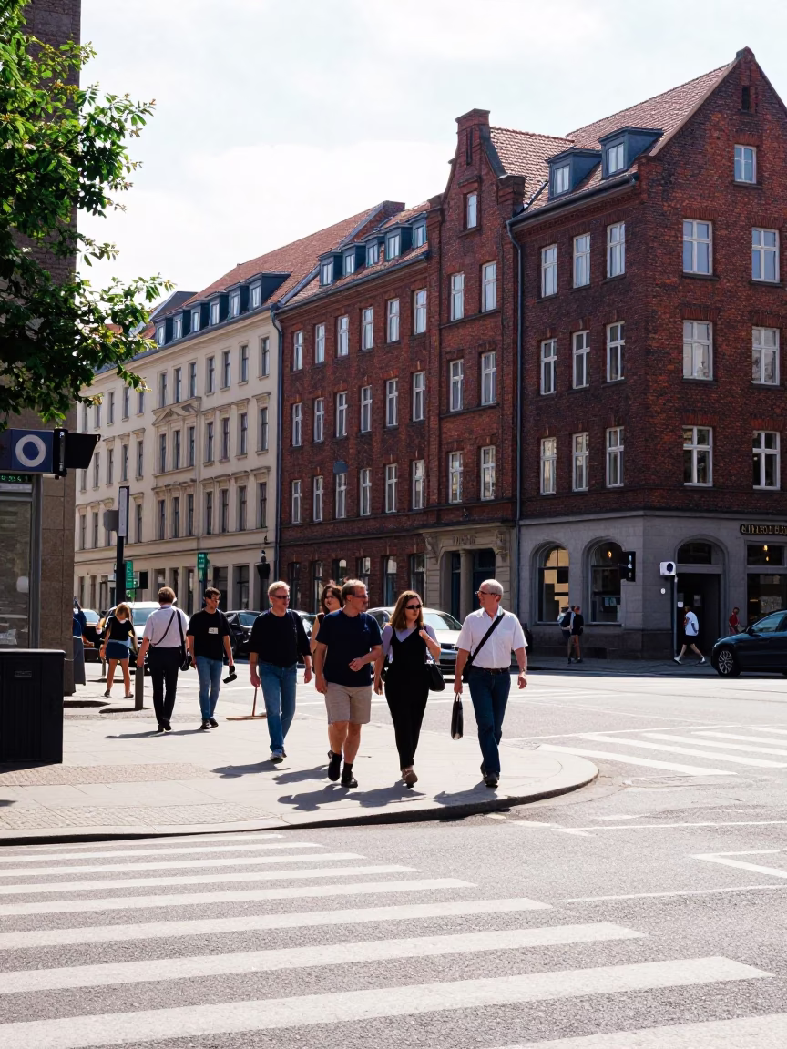 Street Corner in Berlin at Bright Midmorning Light in in Berlin, Germany