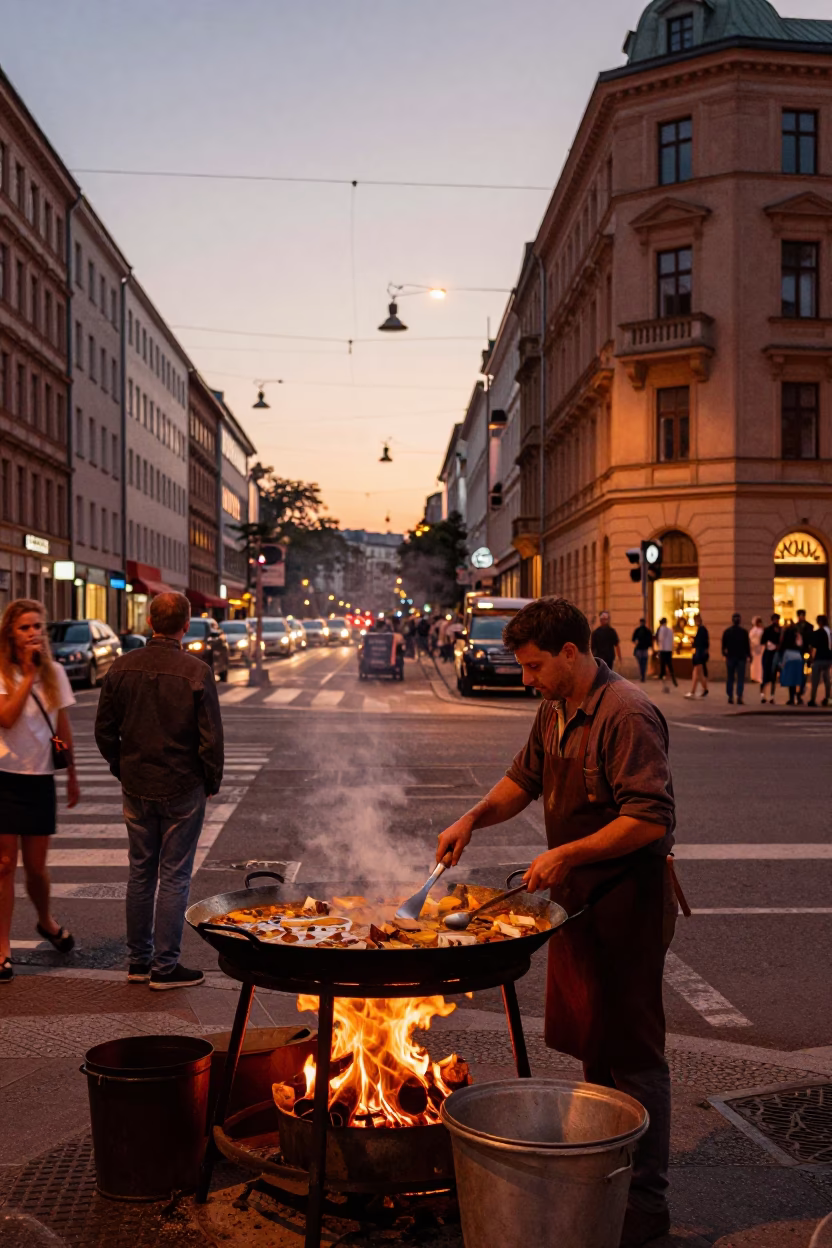 Street Corner in Berlin at Copper-toned Light Before Dusk in in Berlin, Germany