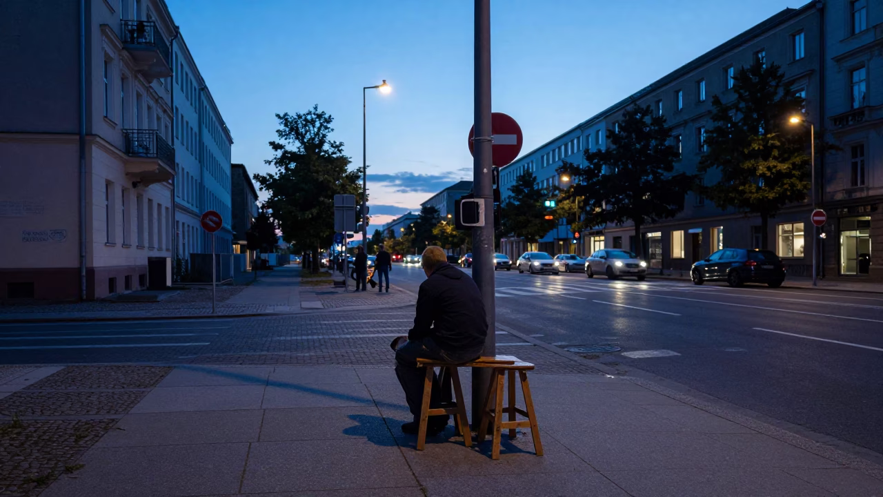 Street Corner in Berlin at The Still Hours Before Dawn Light in in Berlin, Germany