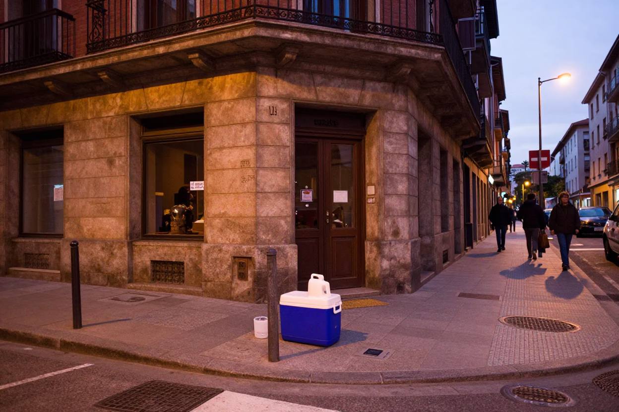 Street Corner in Bilbao at Copper-toned Light Before Dusk in in Bilbao, Spain