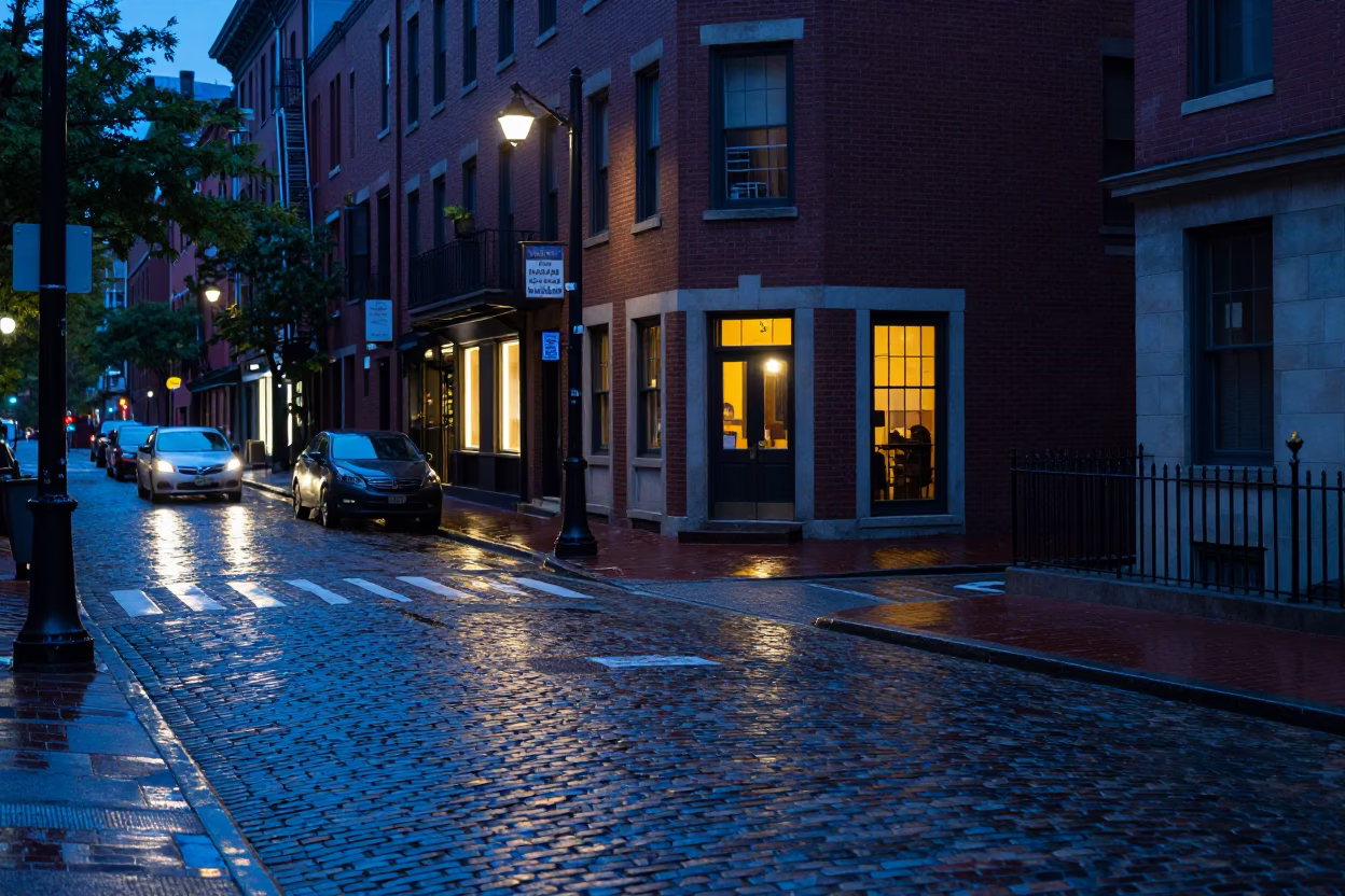 Street Corner in Boston at The Last Blue Light Of Evening in in Boston, Massachusetts, United States