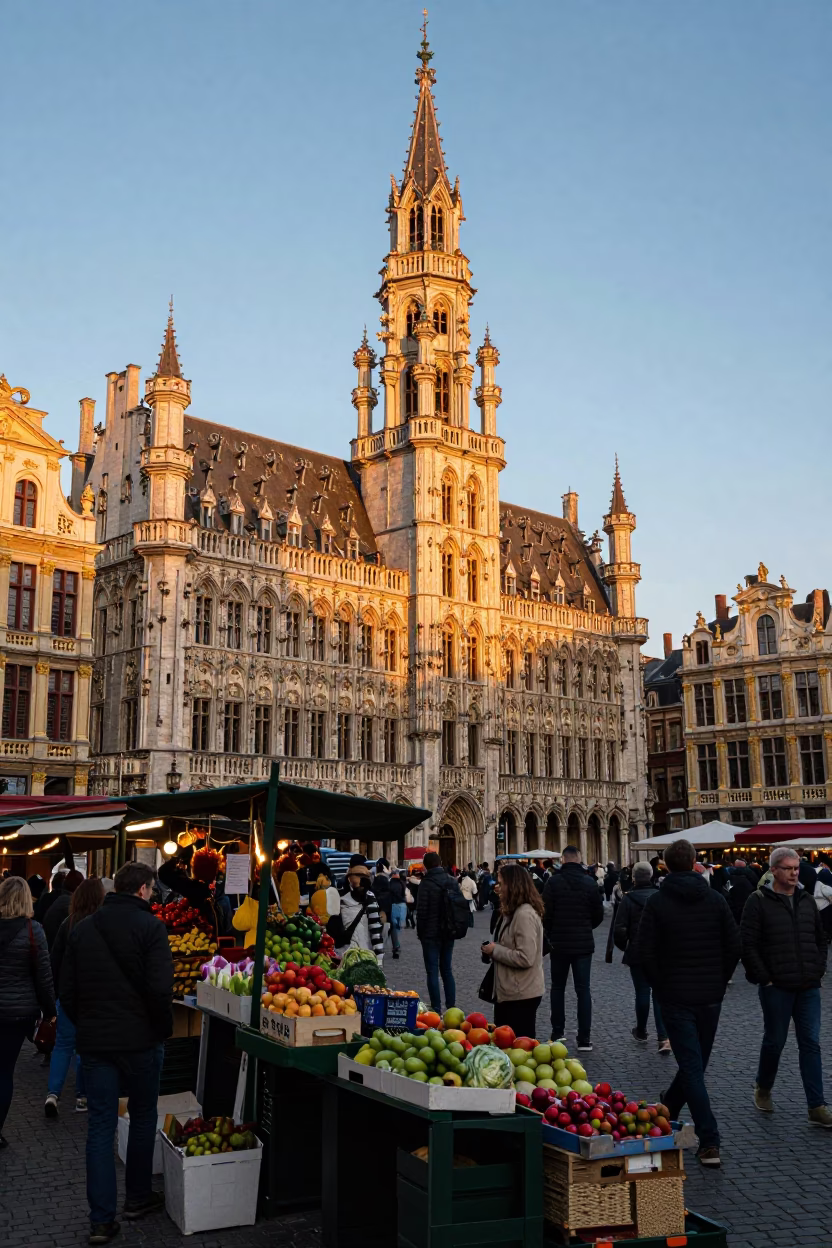 Street Corner in Brussels at Sunset Light in in Brussels, Belgium