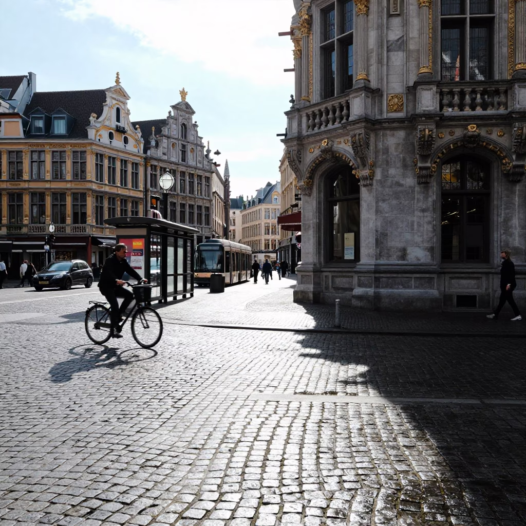 Street Corner in Brussels at The Flat Glare Of Noon Light in in Brussels, Belgium