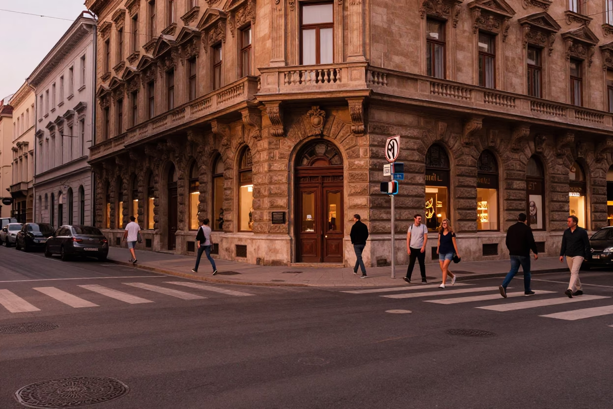 Street Corner in Budapest at Copper-toned Light Before Dusk in in Budapest, Hungary