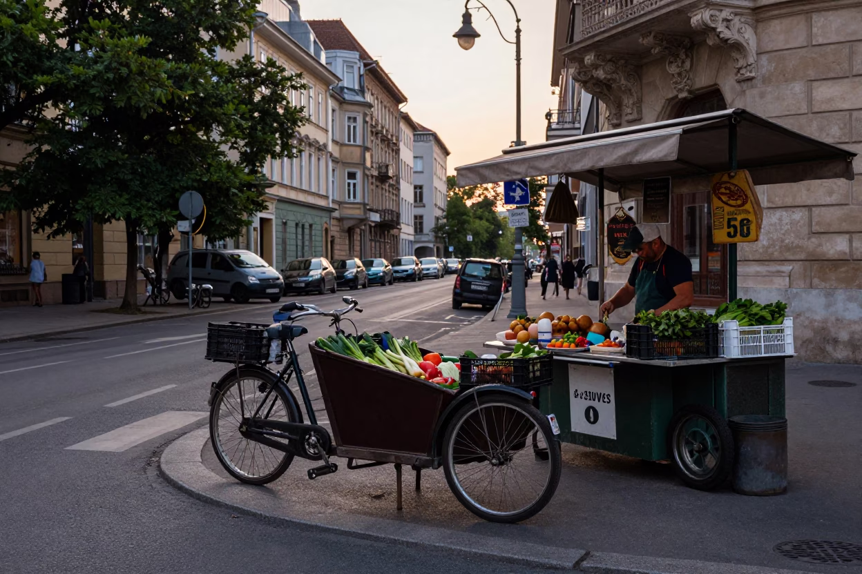 Street Corner in Budapest at First Light Of Dawn in in Budapest, Hungary