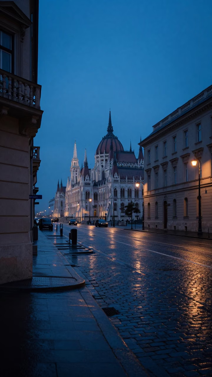 Street Corner in Budapest at The Still Hours Before Dawn Light in in Budapest, Hungary