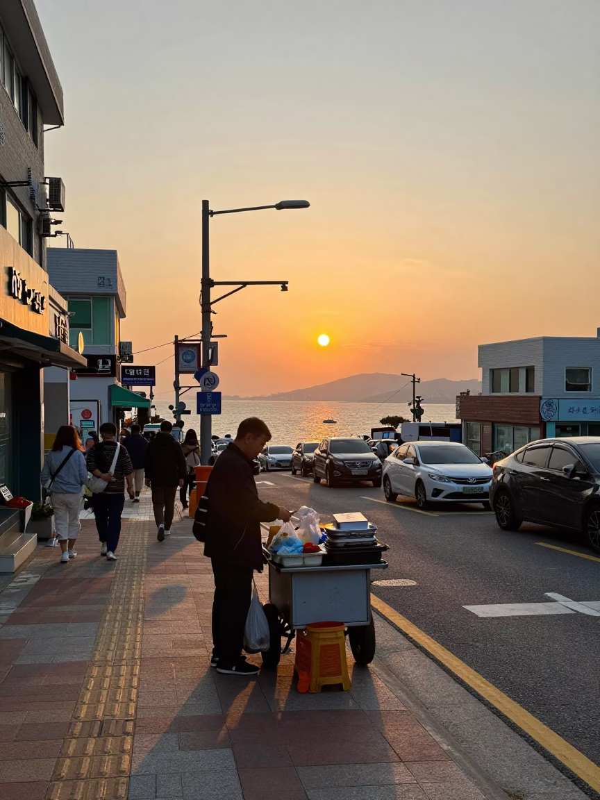 Street Corner in Busan at As The Sun Drops Toward The Horizon in in Busan, South Korea