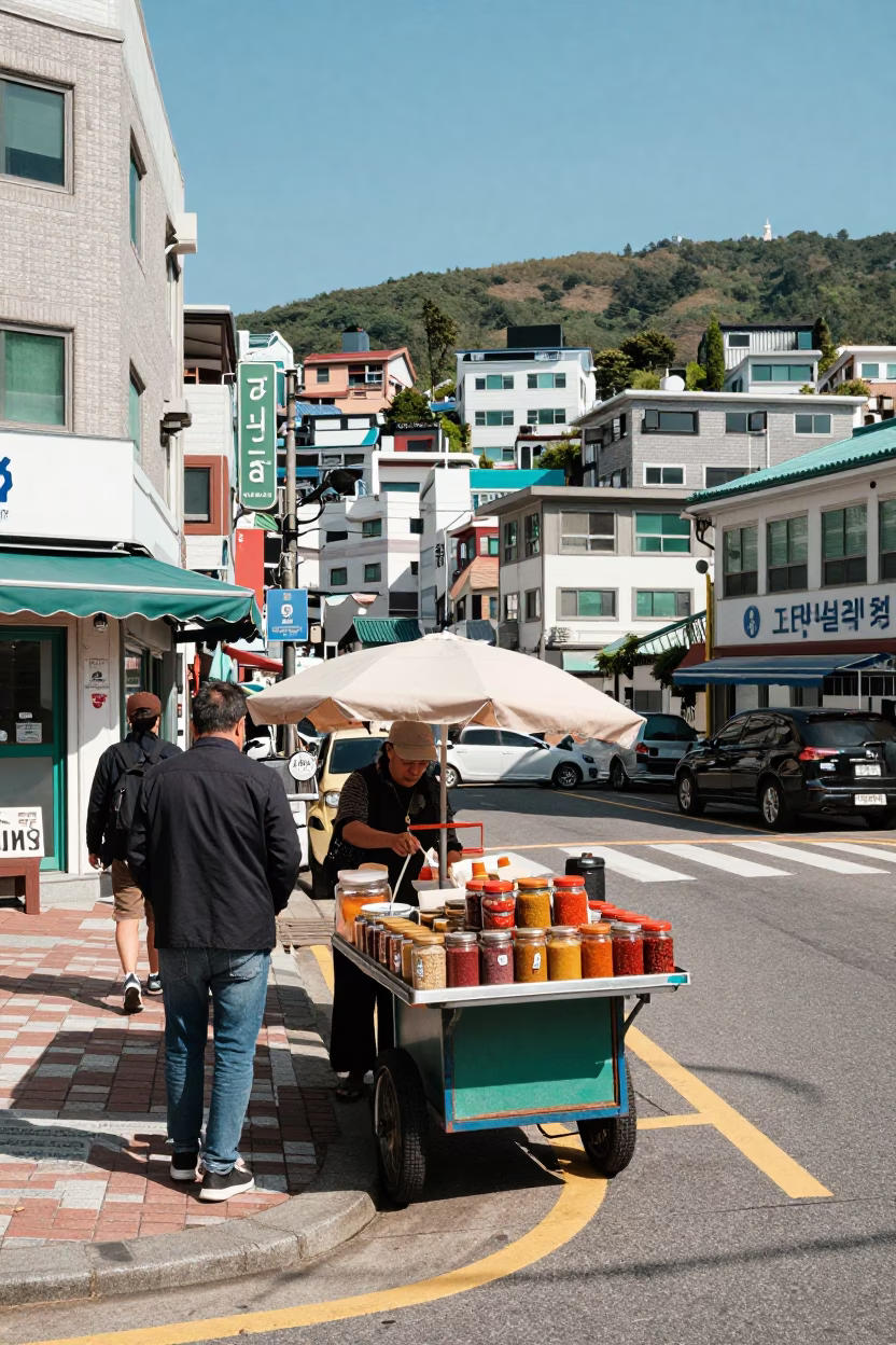 Street Corner in Busan at Bright Midmorning Light in in Busan, South Korea