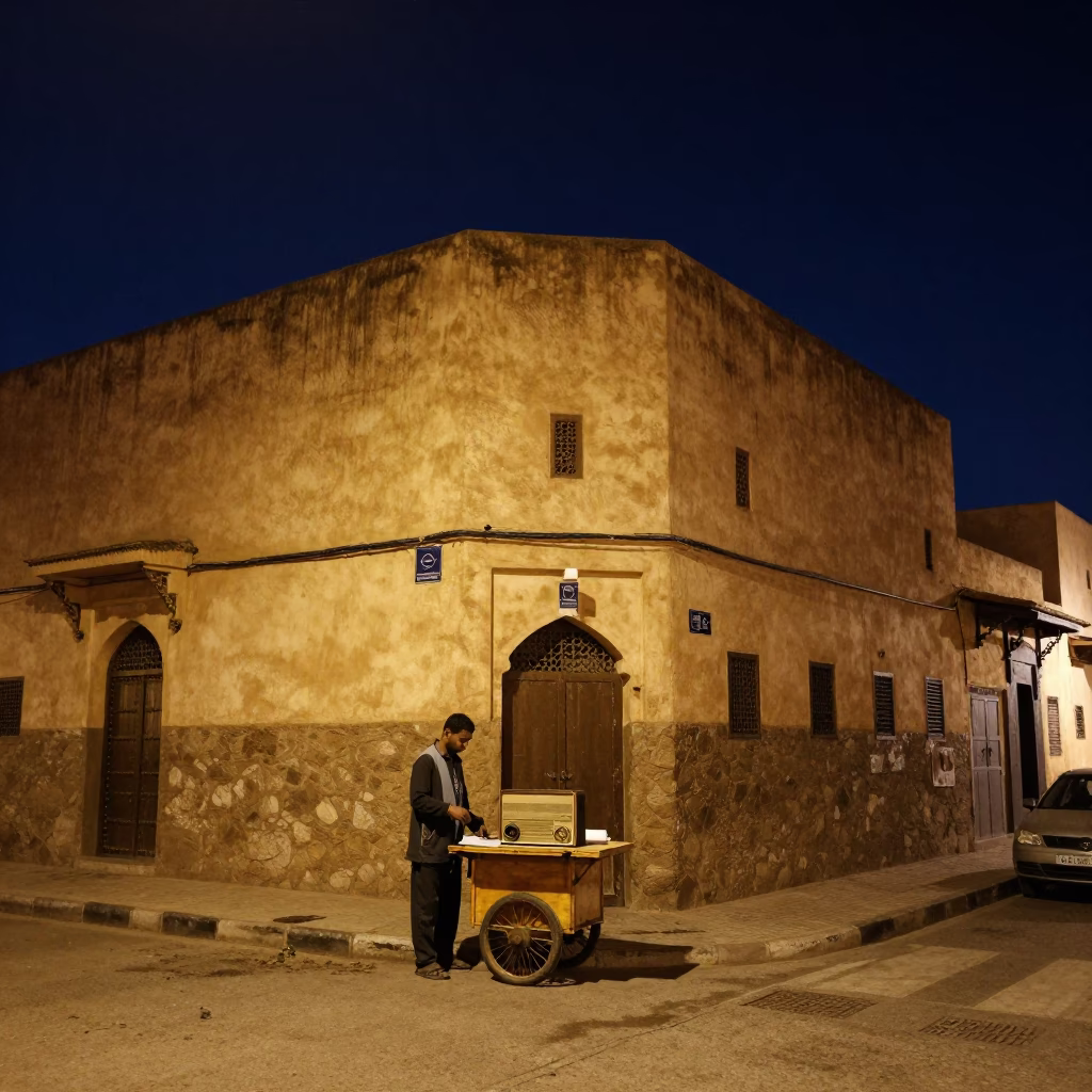 Street Corner in Casablanca at The Deepest Night Sky Light in in Casablanca, Morocco