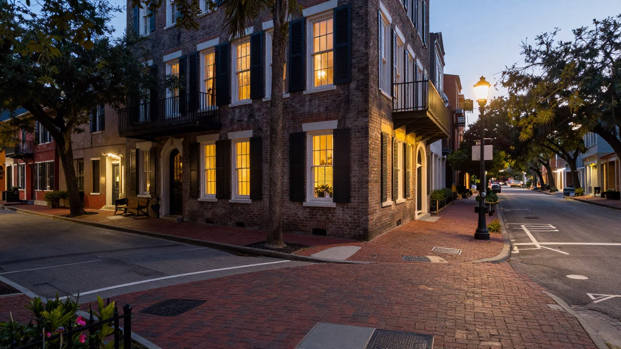 Street Corner in Charleston at As City Lights Begin To Glow in in Charleston, South Carolina, United States