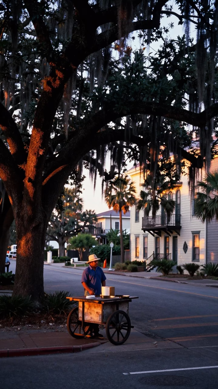 Street Corner in Charleston at Nautical Dawn Light in in Charleston, South Carolina, United States
