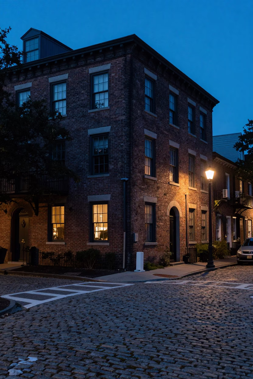 Street Corner in Charleston at The Still Hours Before Dawn Light in in Charleston, South Carolina, United States