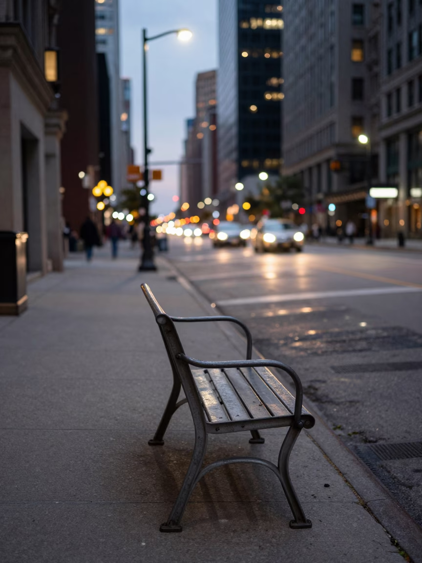 Street Corner in Chicago at As City Lights Begin To Glow in in Chicago, Illinois, United States