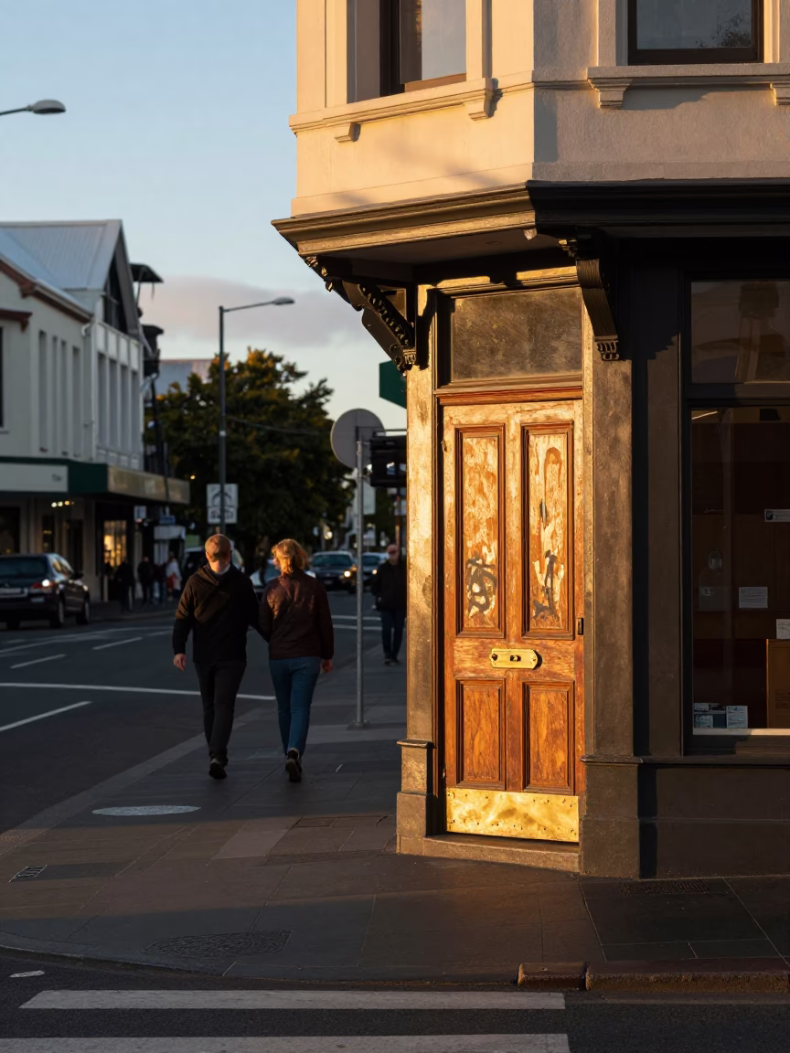 Street Corner in Christchurch at Golden Hour in in Christchurch, New Zealand