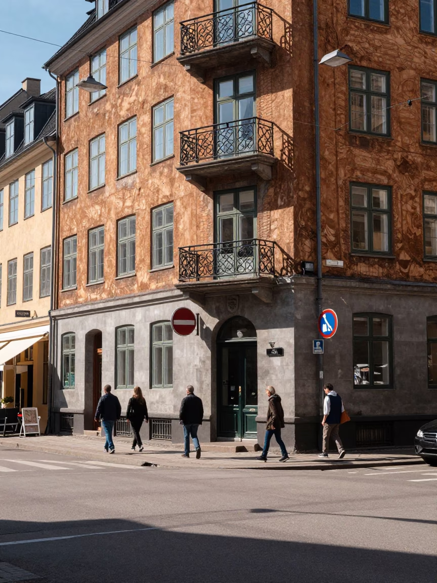 Street Corner in Copenhagen at The Flat Glare Of Noon Light in in Copenhagen, Denmark