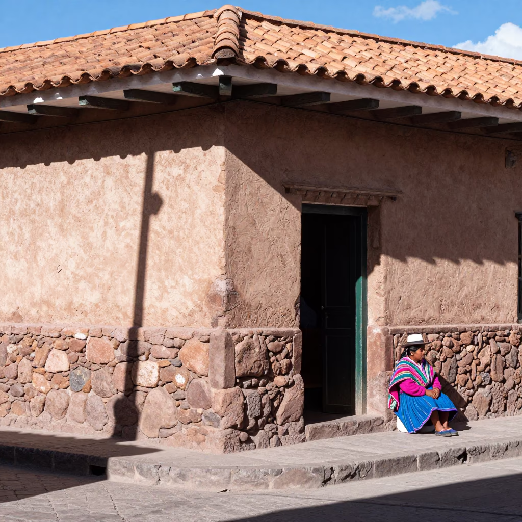 Street Corner in Cusco at Bright Midmorning Light in in Cusco, Peru