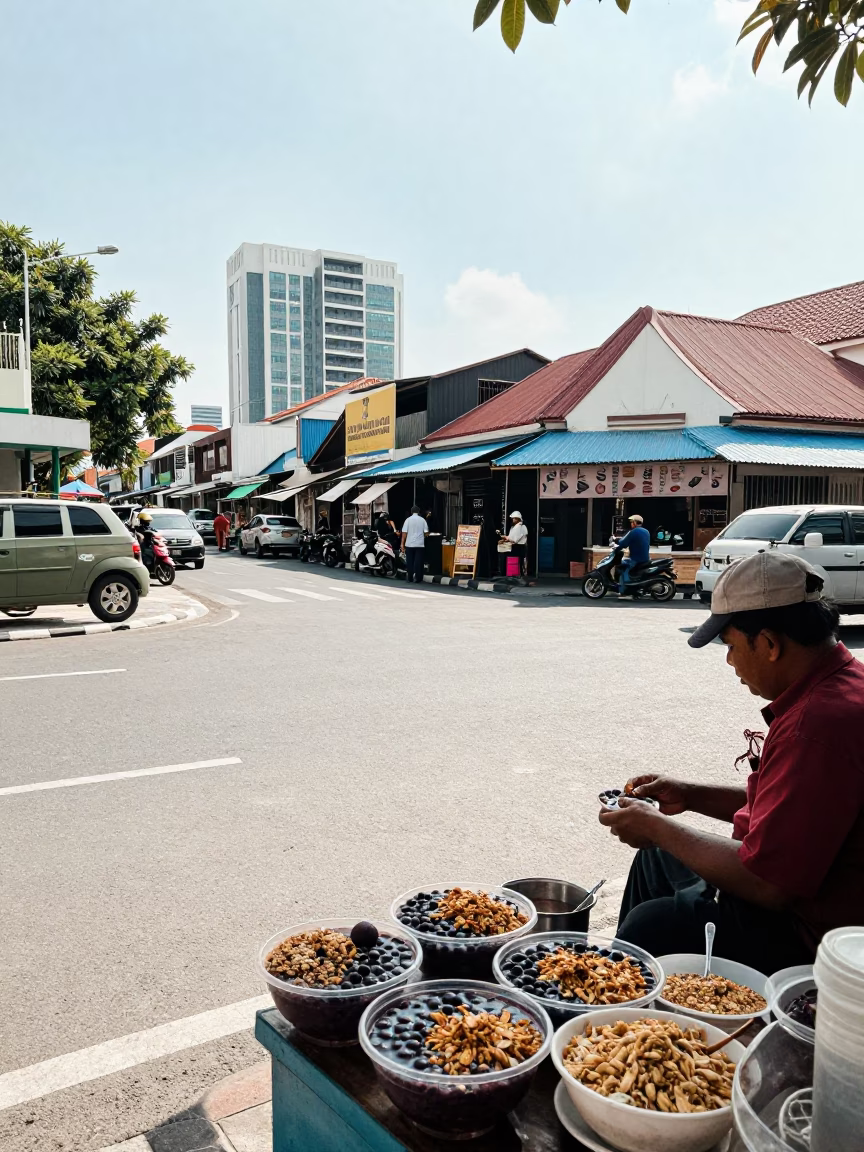 Street Corner in Denpasar at Bright Midmorning Light in in Denpasar, Indonesia