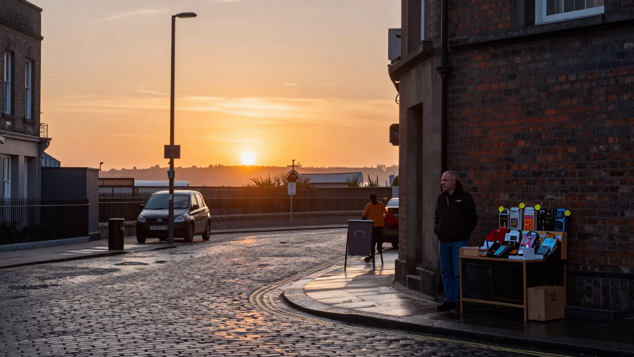 Street Corner in Dublin at As The Sun Drops Toward The Horizon in in Dublin, Ireland