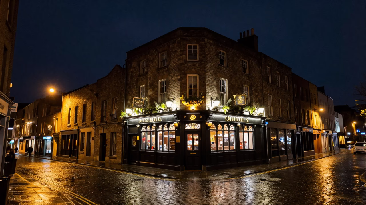 Street Corner in Dublin at The Deepest Night Sky Light in in Dublin, Ireland