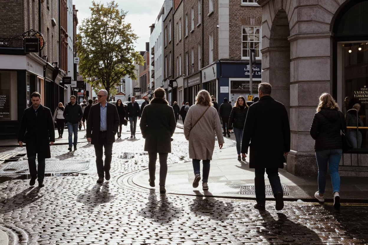 Street Corner in Dublin at The Flat Glare Of Noon Light in in Dublin, Ireland