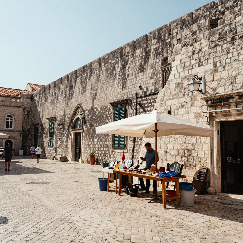 Street Corner in Dubrovnik at Bright Midmorning Light in in Dubrovnik, Croatia