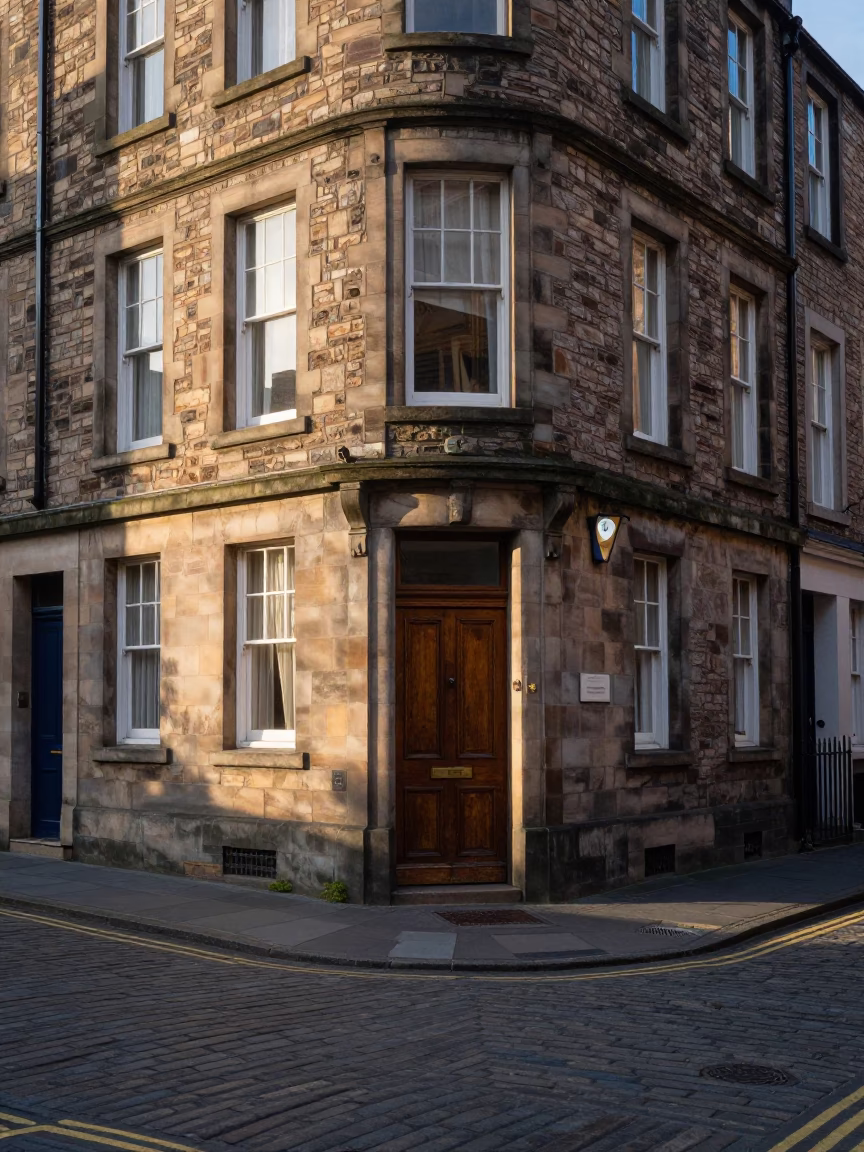 Street Corner in Edinburgh at As First Light Reaches The Scene in in Edinburgh, United Kingdom