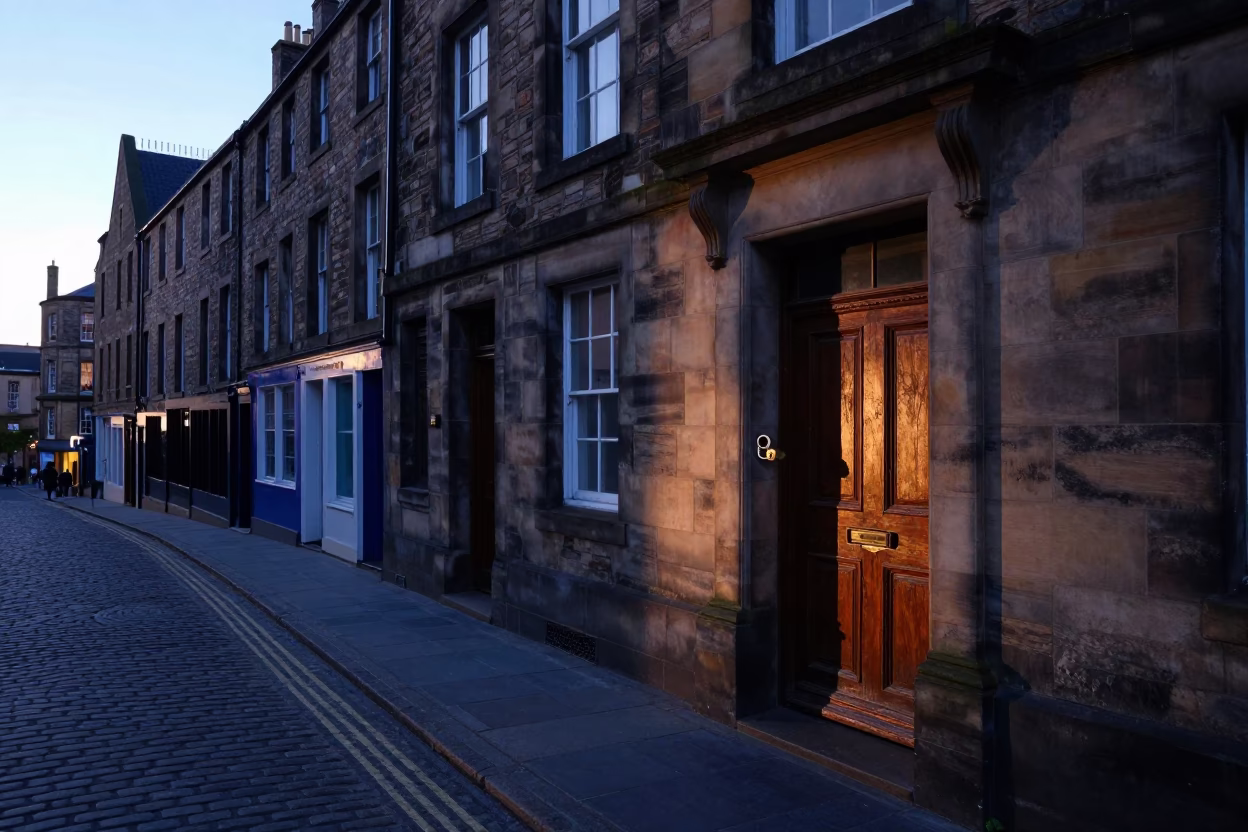 Street Corner in Edinburgh at First Light Of Dawn in in Edinburgh, United Kingdom