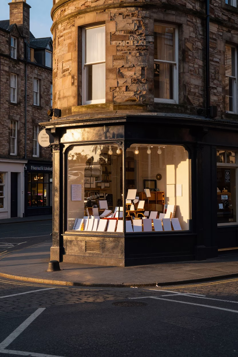 Street Corner in Edinburgh at Sunset Light in in Edinburgh, United Kingdom