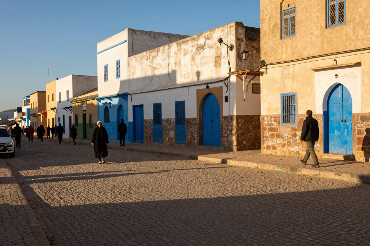 Street Corner in Essaouira at Clear Late-afternoon Light in in Essaouira, Morocco
