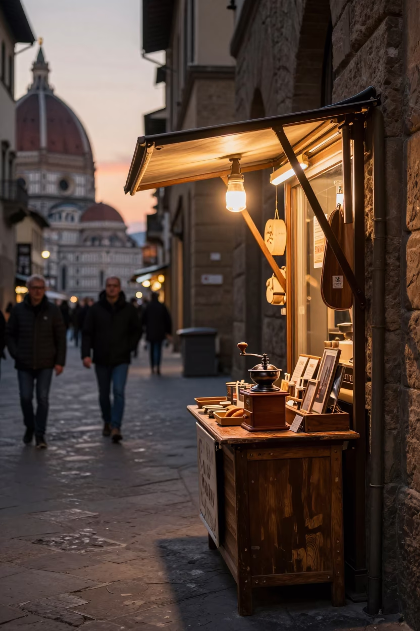 Street Corner in Florence at Copper-toned Light Before Dusk in in Florence, Italy