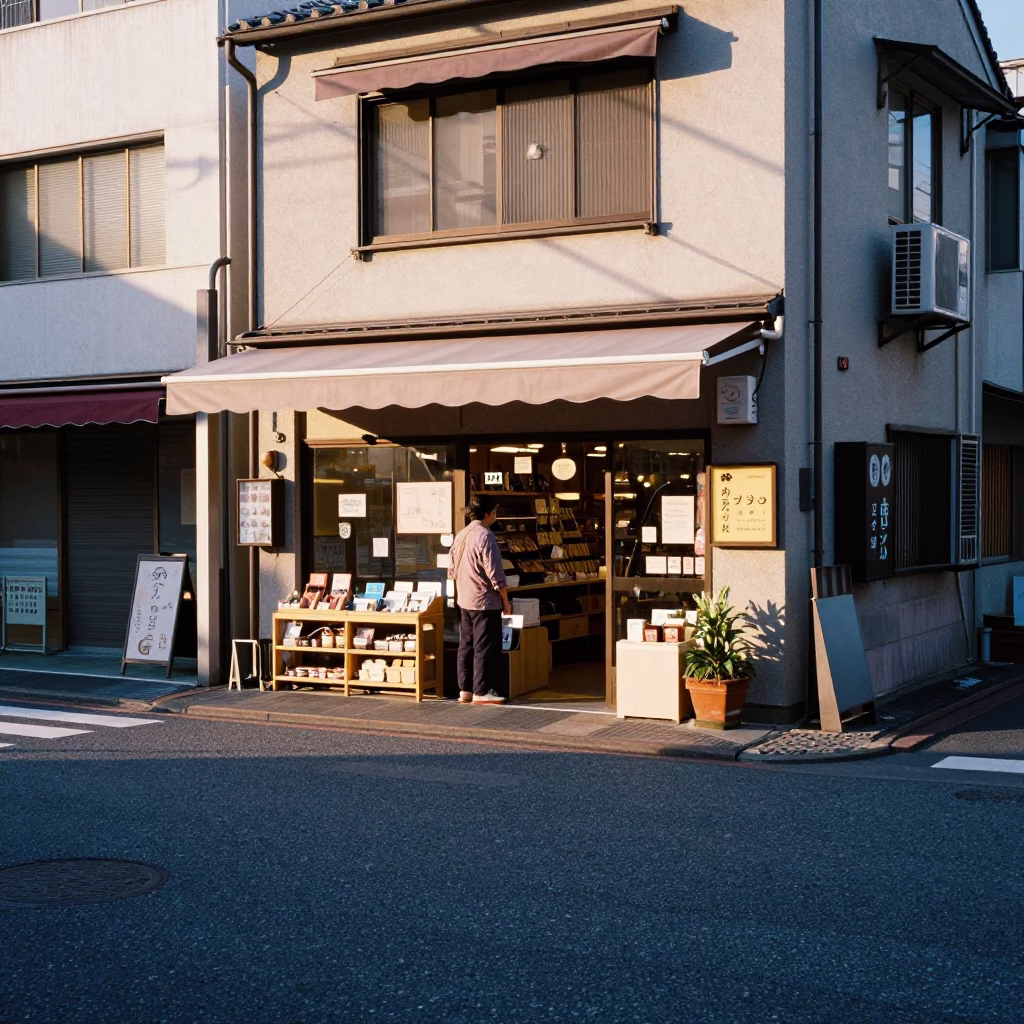 Street Corner in Fukuoka at As First Light Reaches The Scene in in Fukuoka, Japan