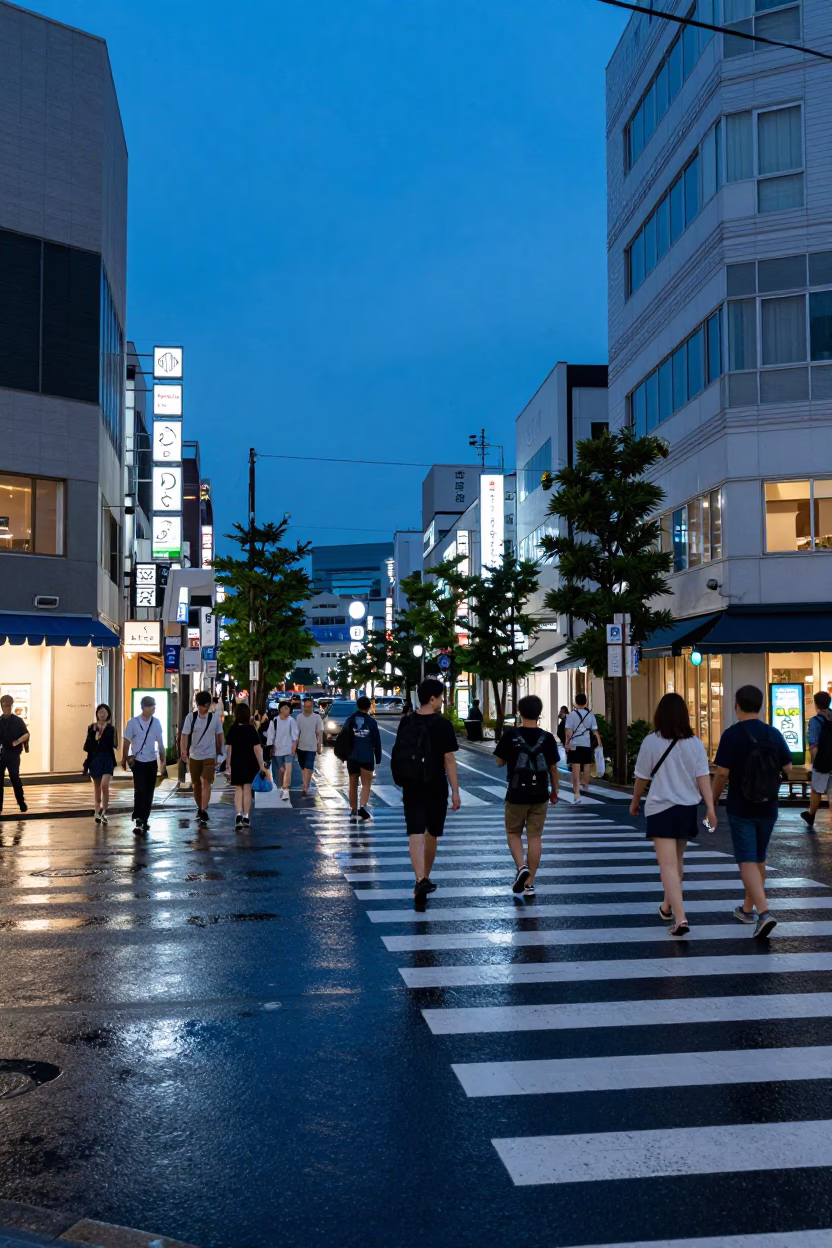 Street Corner in Fukuoka at Indigo Twilight After Sunset in in Fukuoka, Japan