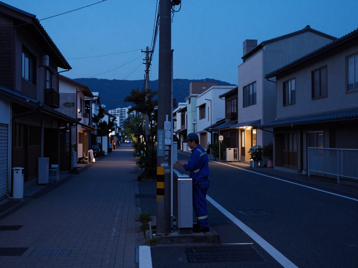 Street Corner in Fukuoka at The Still Hours Before Dawn Light in in Fukuoka, Japan