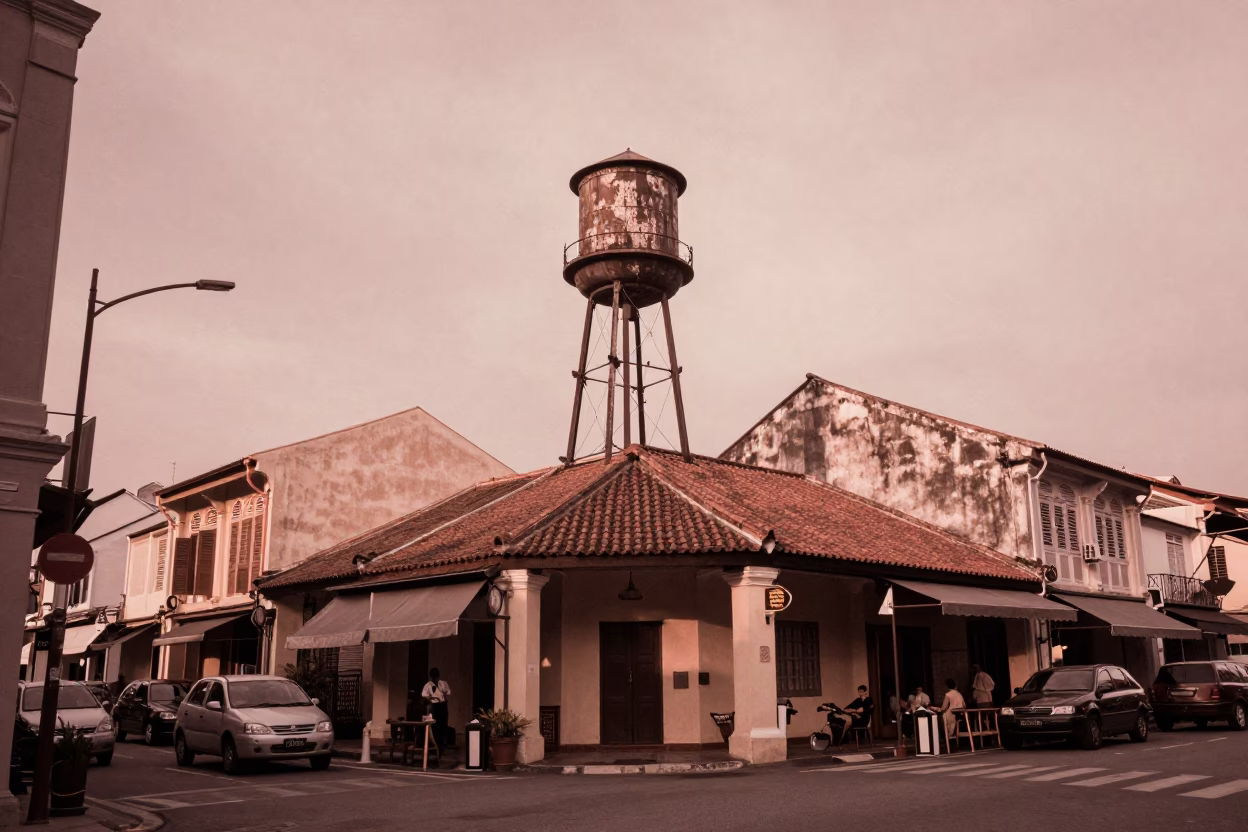 Street Corner in George Town at Copper-toned Light Before Dusk in in George Town, Malaysia
