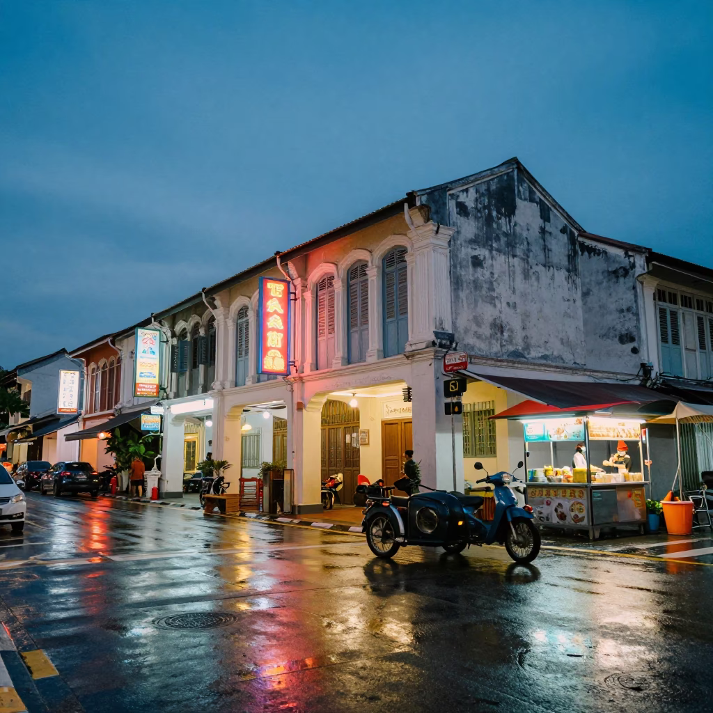 Street Corner in George Town at Indigo Twilight After Sunset in in George Town, Malaysia